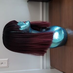 Blunt Cut Wig Burgundy Ombre with Bangs